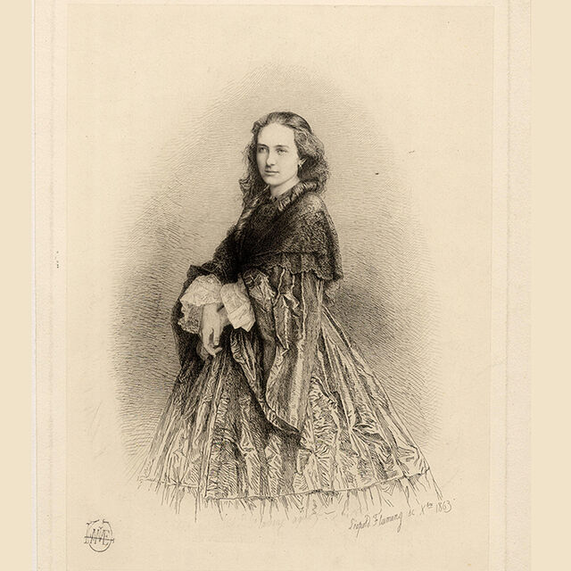 Portrait de Juliette Adam, gravure de Léopold Flameng, 1863