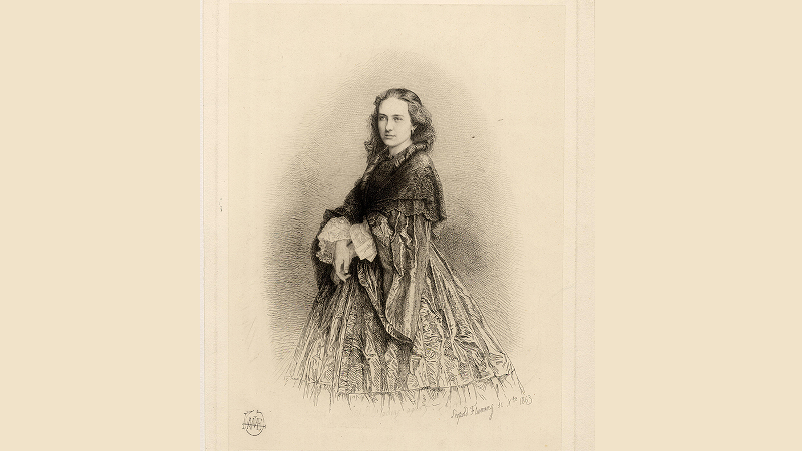 Portrait de Juliette Adam, gravure de Léopold Flameng, 1863