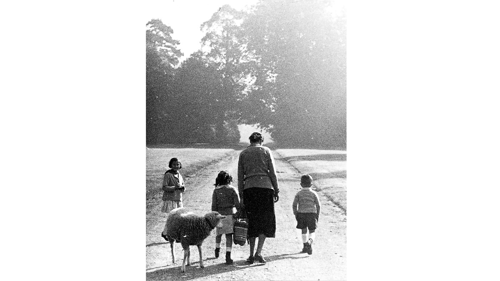 Promenade dans l'allée centrale du parc : les enfants de Jacques Noetzlin et leur gouvernante, sd