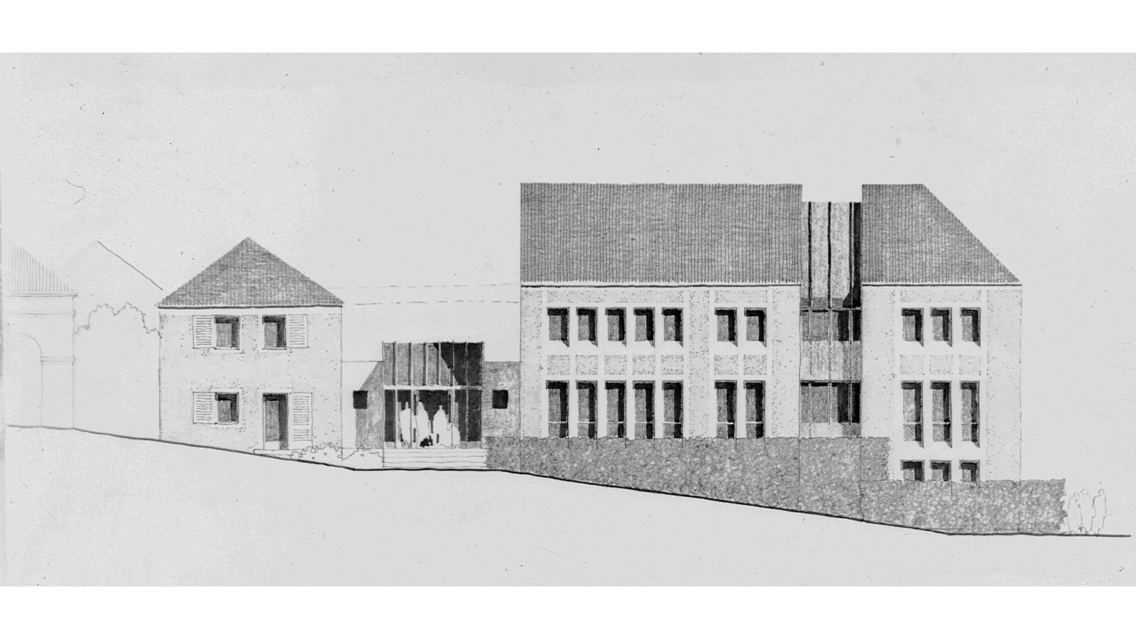 projet de bâtiment des services municipaux, façade ouest. Architecte Serge Micheloni, 1982